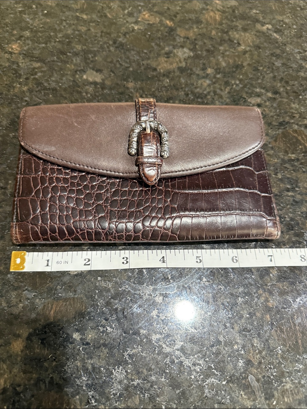Brighton Dark Brown Croc-Embossed Leather Wallet with Silver Buckle Accent